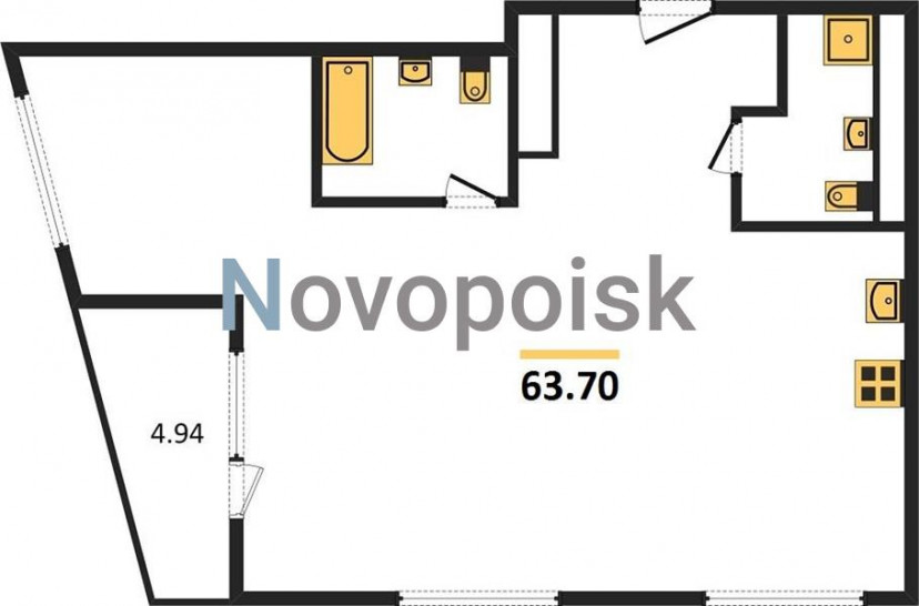 Двухкомнатная квартира 63.7 м²